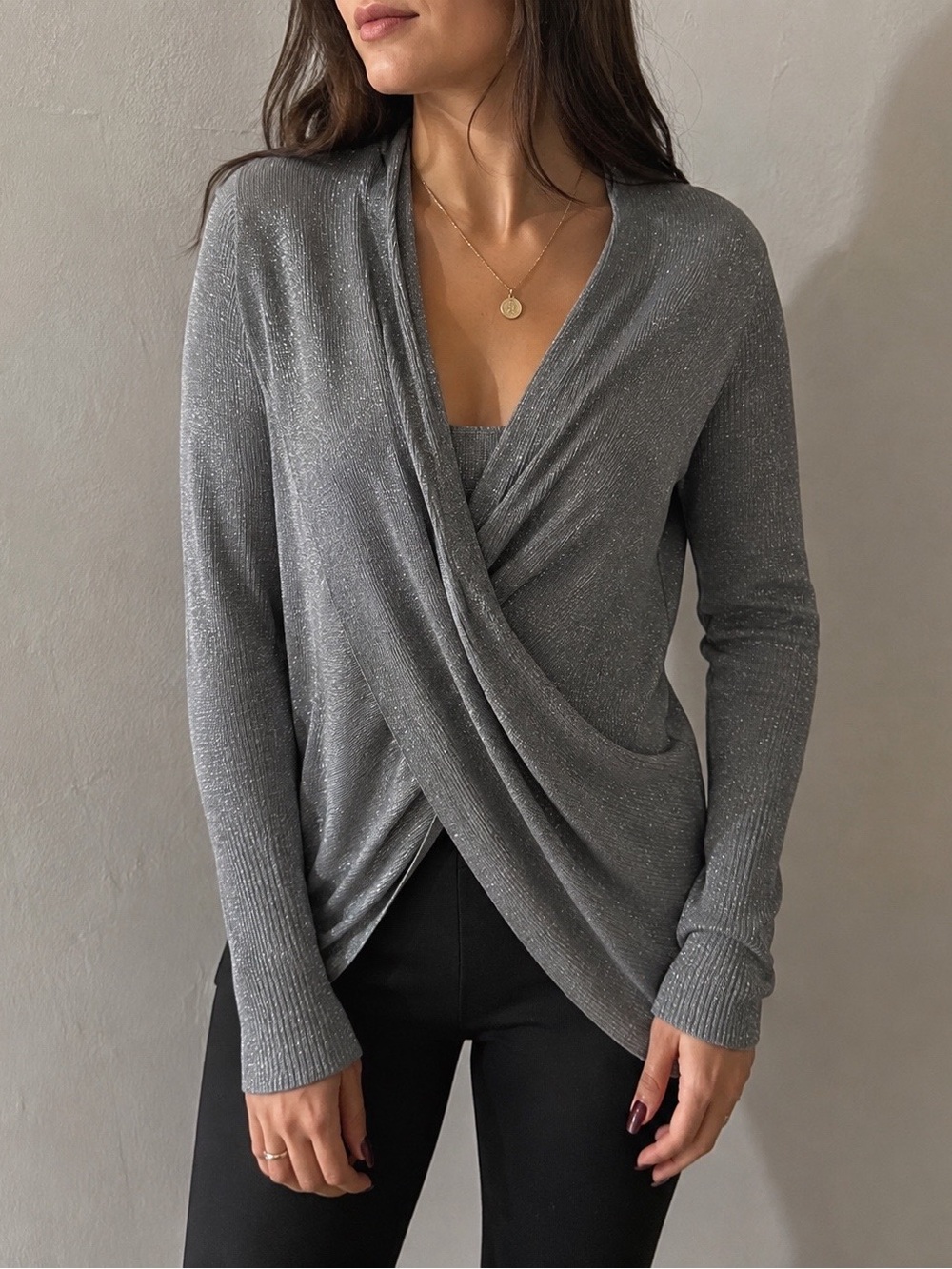 Jennifer Lopez Silver-Gray Draped V-Neck Wrap Sweater